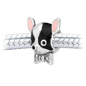 Dog Sterling Silver Bead Charm with Cubic Zirconia & Enamels propped on sample chain