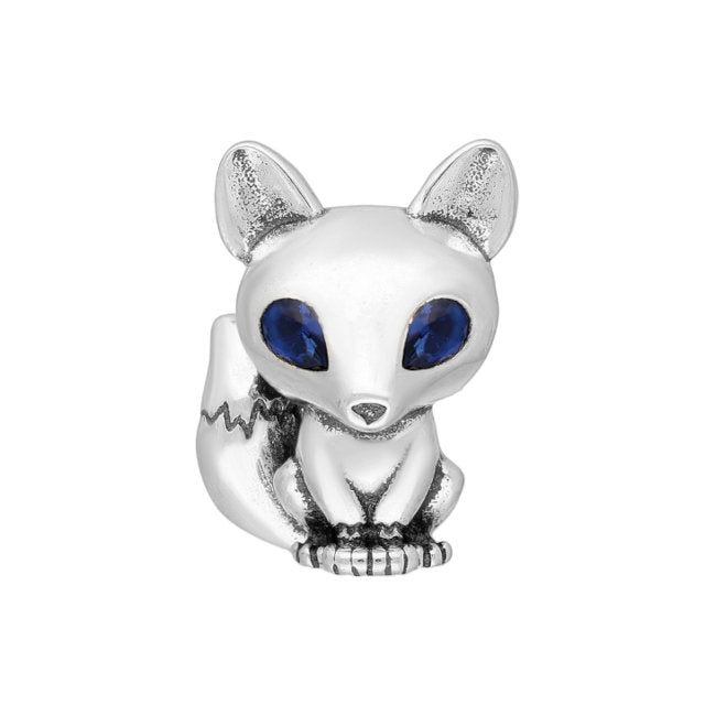Fox Sterling Silver Bead Charm with Blue Cubic Zirconia