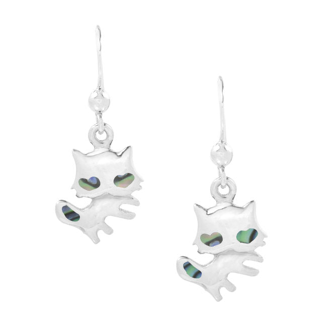 Cat with Abalone Eyes Sterling Silver dangle Earrings
