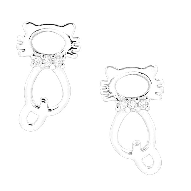 Cat with Glittering Collar Sterling Silver post Earrings with Cubic Zirconia