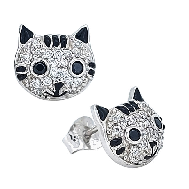 Smiley Cat Sterling Silver push-back Earrings with Cubic Zirconia