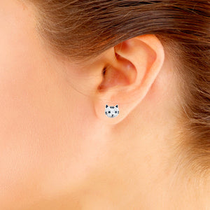Smiley Cat Sterling Silver push-back Earrings with Cubic Zirconia modelled