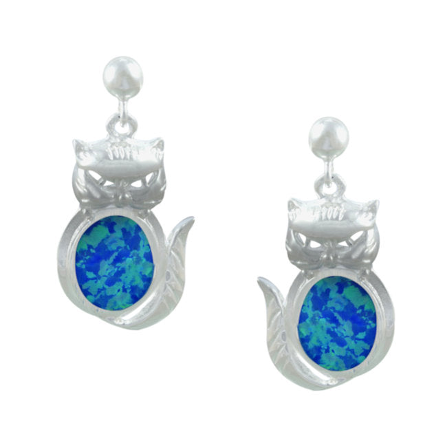Cat Sterling Silver Earrings with Blue Created Opal