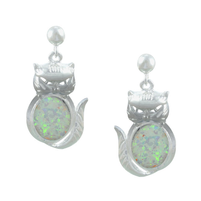 Cat Sterling Silver Earrings with White Created Opal