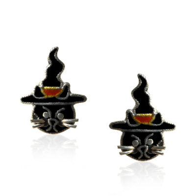 Cat Witch Sterling Silver plated push-back Earrings with Enamels
