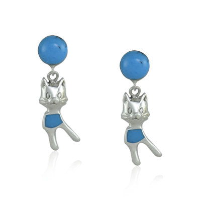 Swinging Cat Sterling Silver drop Earrings with Turquoise