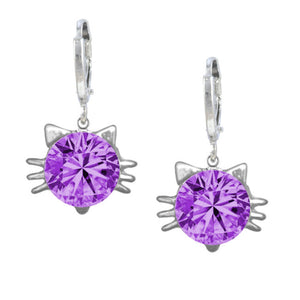 Whiskers Cat Face Earrings in Sterling Silver with Mauve Cubic Zirconia