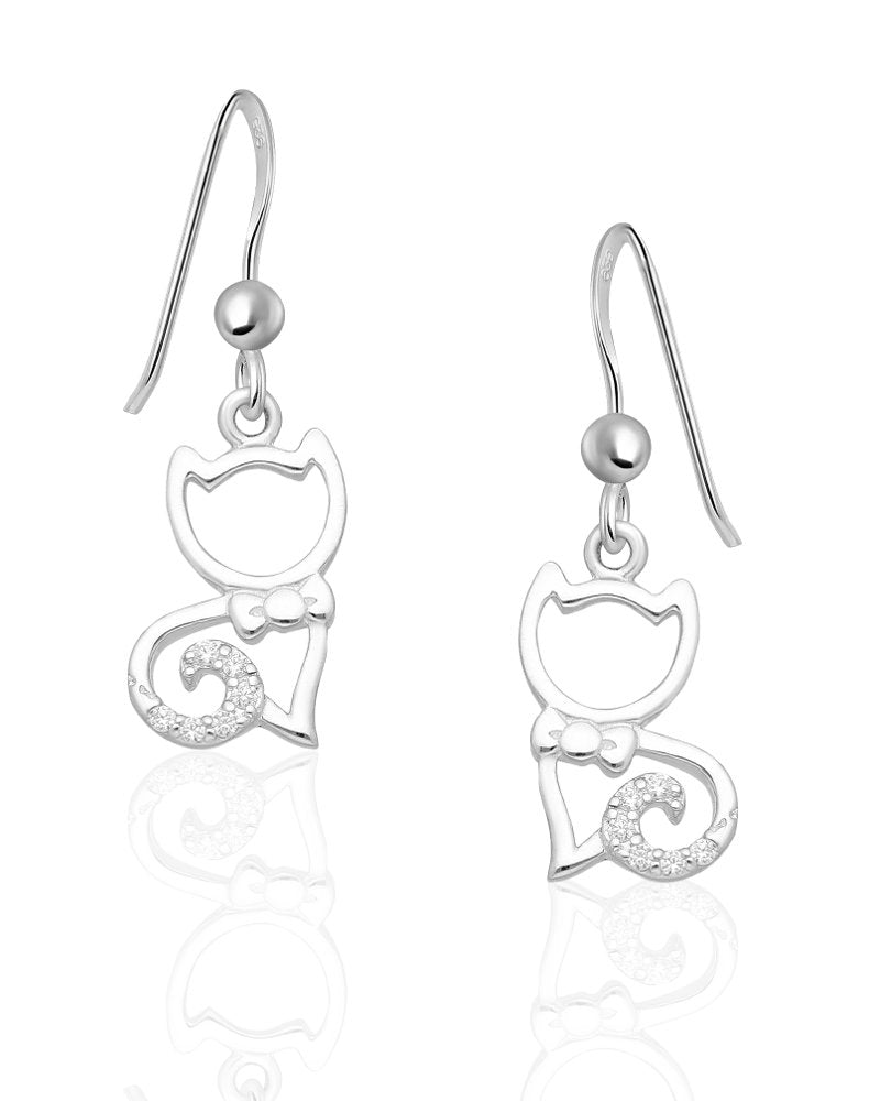 Glossy Cat Sterling Silver hook Earrings with Cubic ZirconiaZirconia