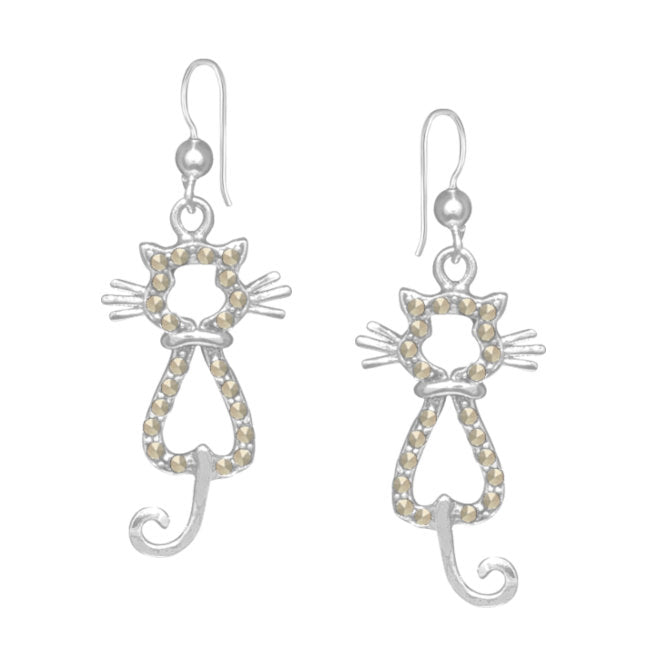 Cat Sterling Silver hook Earrings with Marcasite