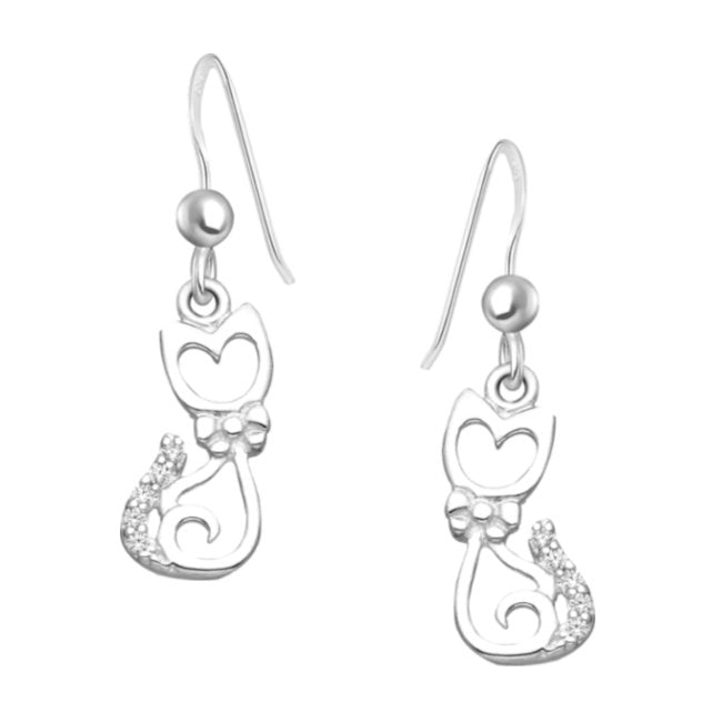 Cat with Heart Face Sterling Silver hook Earrings with Cubic Zirconia