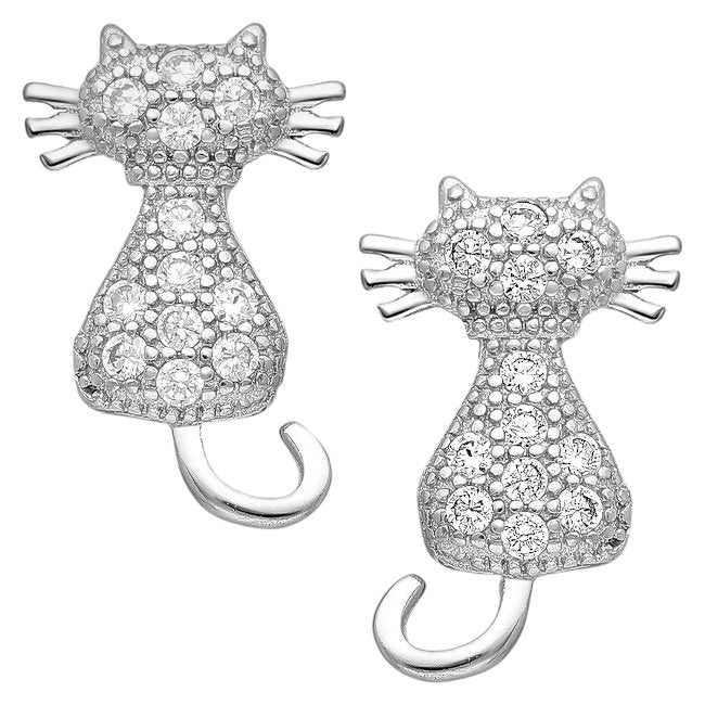 Sparkling Cat Sterling Silver push-back Earrings with Cubic Zirconia