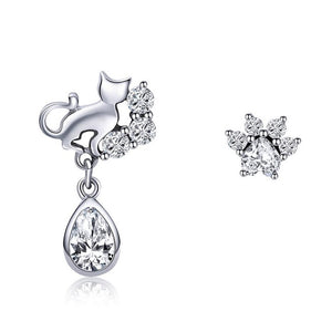 Cat & Paw Sterling Silver Asymmetrical Earrings with Cubic Zirconia