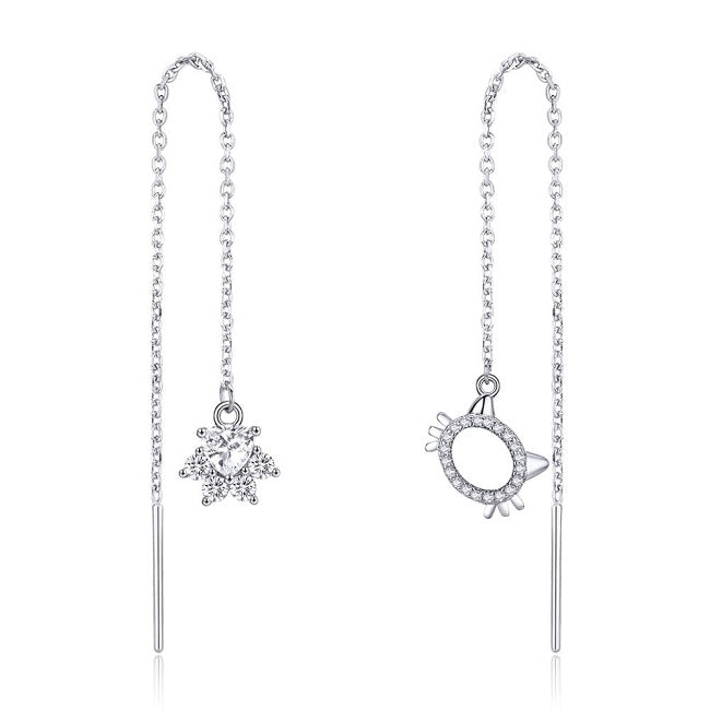 Cat Face & Paw Sterling Silver Asymmetrical threader Earrings with Cubic Zirconia