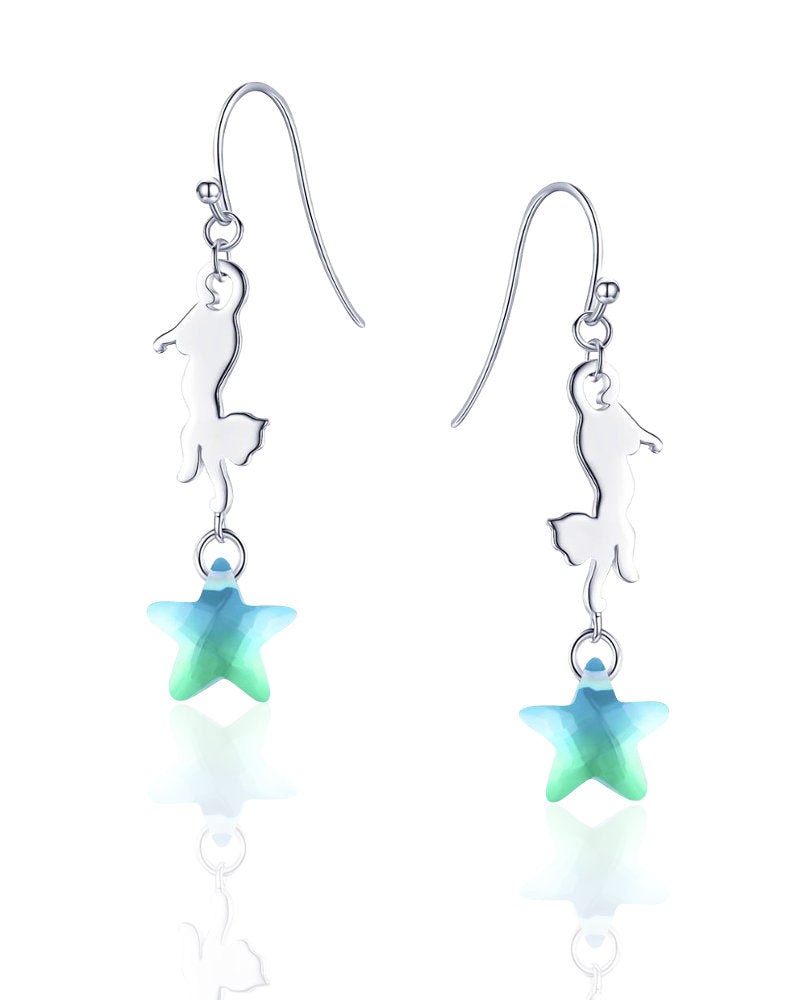 Cat with Star Hook Earrings in Sterling Silver with Glass Pentagram