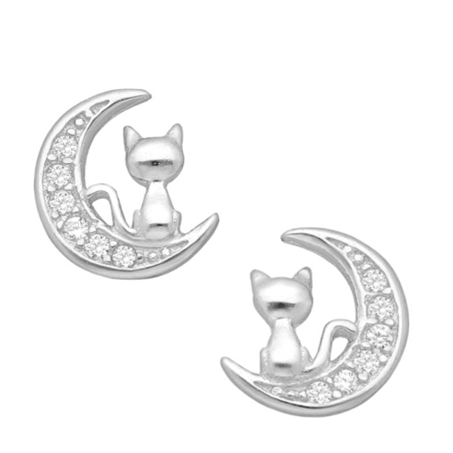 Cat & Moon Sterling Silver Stud Earrings with Cubic Zirconia