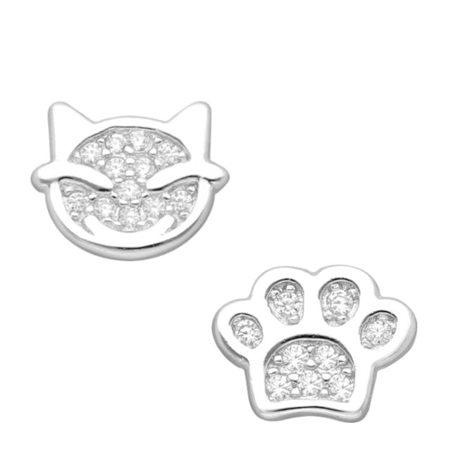 Cat Face & Paw Sterling Silver Asymmetrical Earrings with Cubic Zirconia