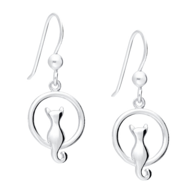 Cat with Full Moon Sterling Silver dangle Earrings