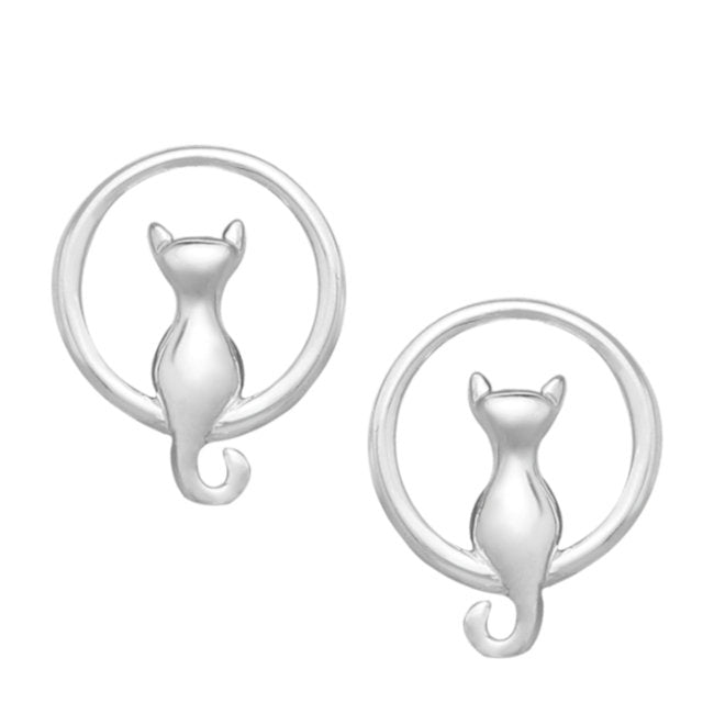 Cat with Full Moon Sterling Silver push-back Earrings