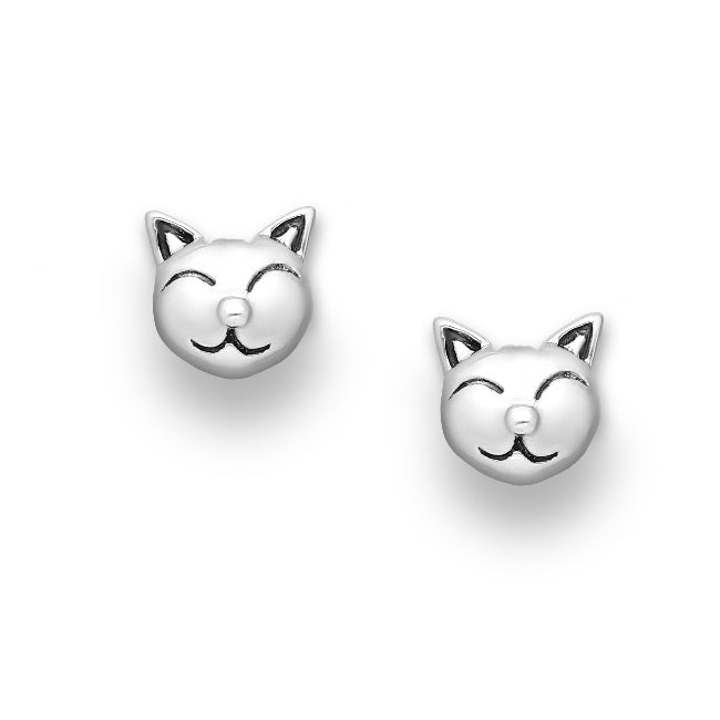 Cat Smiling Sterling Silver push-back Earrings with Oxidised Accents