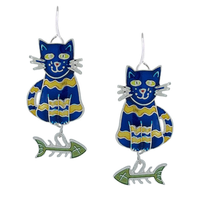 Cat and Fish Calypso Sterling Silver plated hook Earrings with Enamels