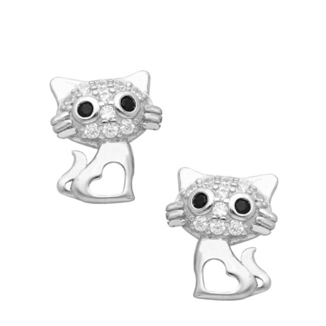 Cat with Heart Sterling Silver push-back Earrings with Cubic Zirconia