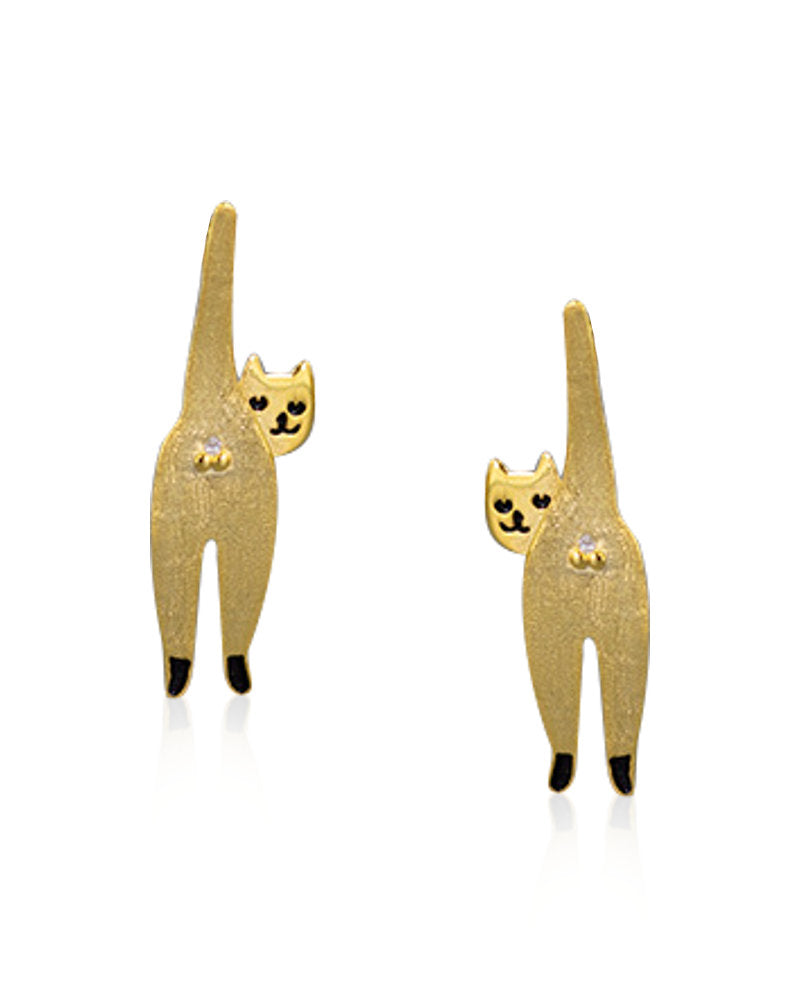 Cheeky Cat Sterling Silver dangle Earrings with 18k Gold