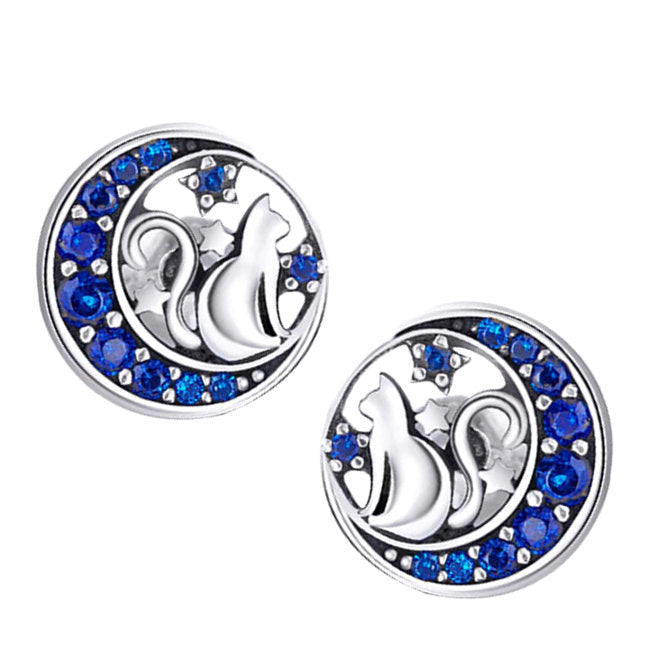 Celestial Cat Sterling Silver with Cubic Zirconia stud Earrings