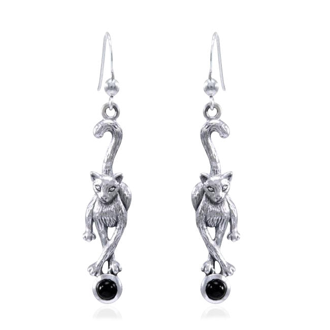 Cat Sterling Silver hook Earrings with Obsidian