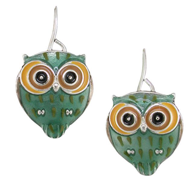 Owl with Big Eyes Sterling Silver plated hook Earrings with Enamels