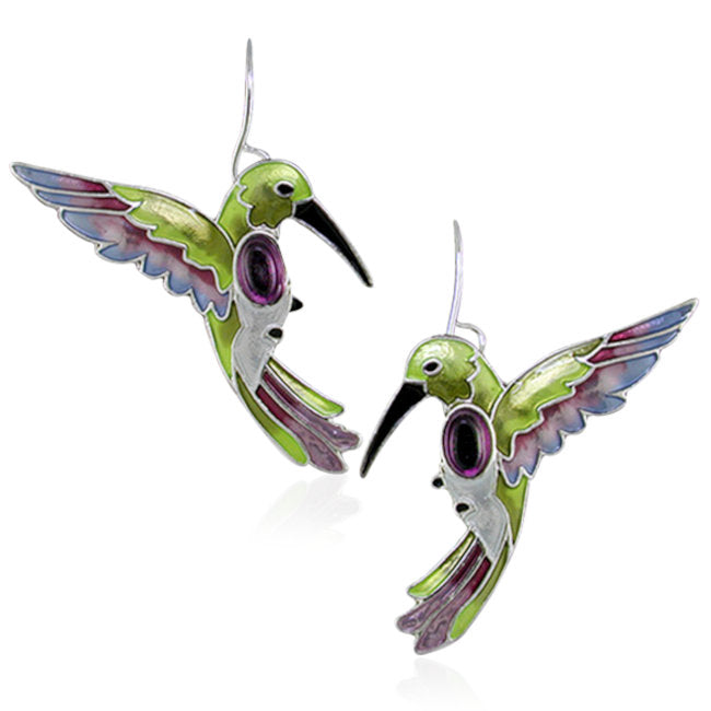Hummingbird Sterling Silver plated hook Earrings with Amethyst & Enamels