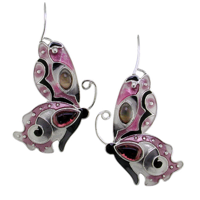 Butterfly Sterling Silver plated hook Earrings with Garnet & Black Mother of Pearl