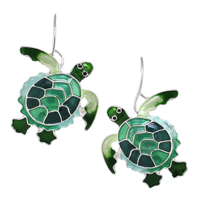 Green Turtle Sterling Silver plated hook Earrings with Enamels
