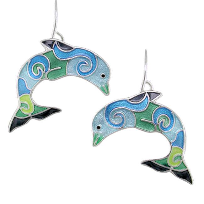Dolphin Wave Dancer Sterling Silver plated hook Earrings with Enamels