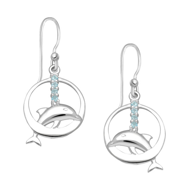 Dolphin Sterling Silver hook Earrings with Blue Topaz