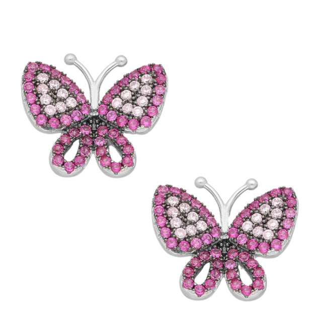Butterfly Sterling Silver stud Earrings with Pink Cubic Zirconia