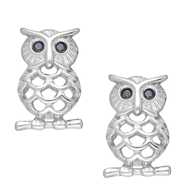 Owl stud Earrings in Sterling Silver with Cubic Zirconia