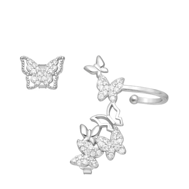 Butterfly Sterling Silver Ear Cuff & Stud Asymmetrical Earrings with Cubic Zirconia