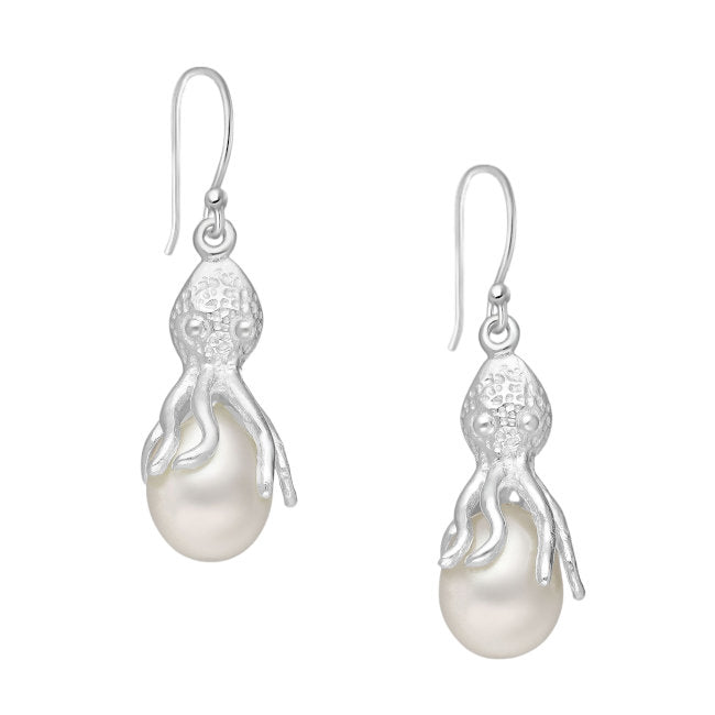 Octopus Sterling Silver hook Earrings with Freshwater Pearl