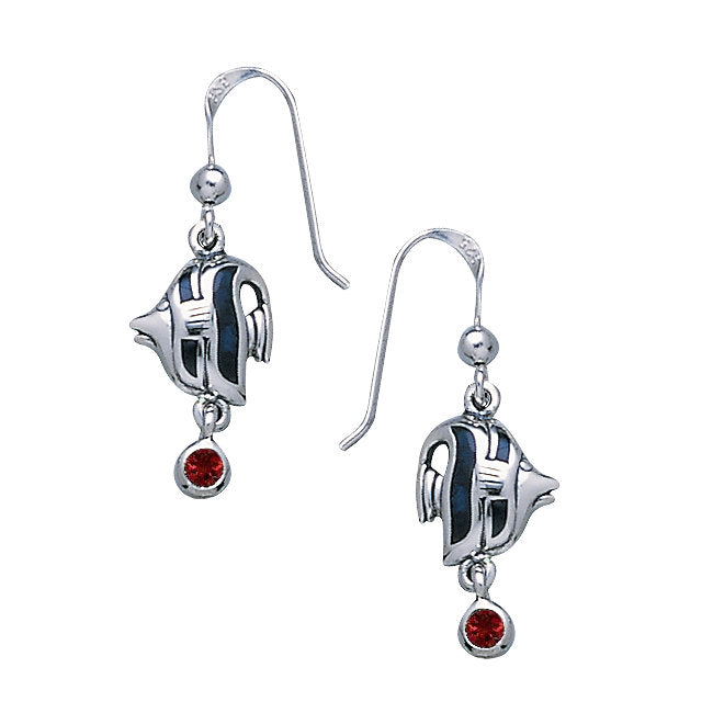 Angelfish Sterling Silver Earrings with Garnet & Enamel