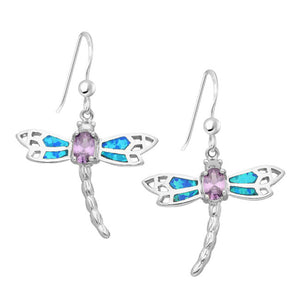Dragonfly hook Earrings in Sterling Silver with CZ & Created Opal