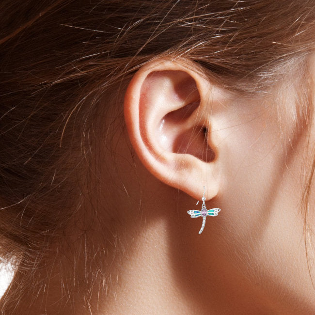 Dragonfly hook Earrings in Sterling Silver with CZ & Created Opal modelled
