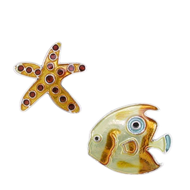 Fish & Starfish Asymmetrical Sterling Silver plated push-back Earrings with Enamel