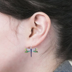 Dragonfly Sterling Silver plated hook Earrings with Enamels modelled