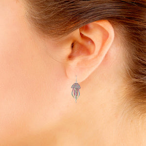 Jellyfish Dangle Sterling Silver plated hook Earrings with Enamels left earring modelled