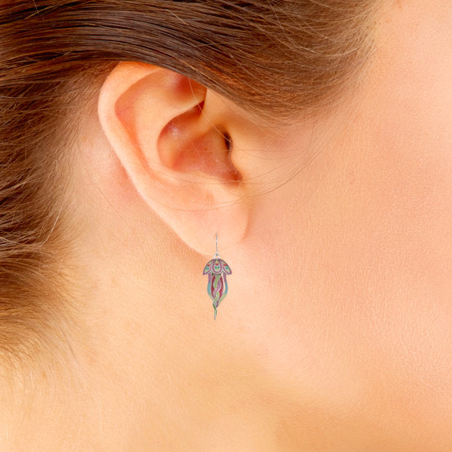 Jellyfish Dangle Sterling Silver plated hook Earrings with Enamels right earring modelled