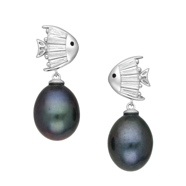 Fish Sterling Silver push-back Earrings with Freshwater Pearl