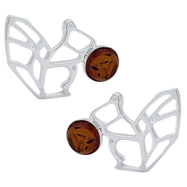 Squirrel Origami Sterling Silver post Earrings with Baltic Amber