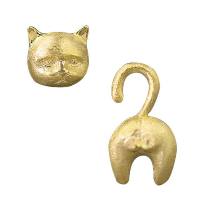 Cat Face and Behind asymmetrical Sterling Silver with Gold accents push-back Earrings