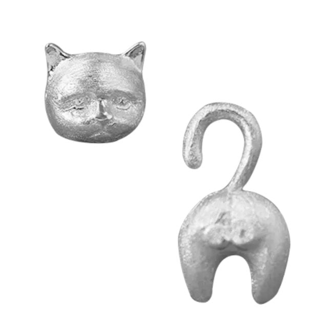 Cat asymmetrical Face and Behind Sterling Silver push-back Earrings