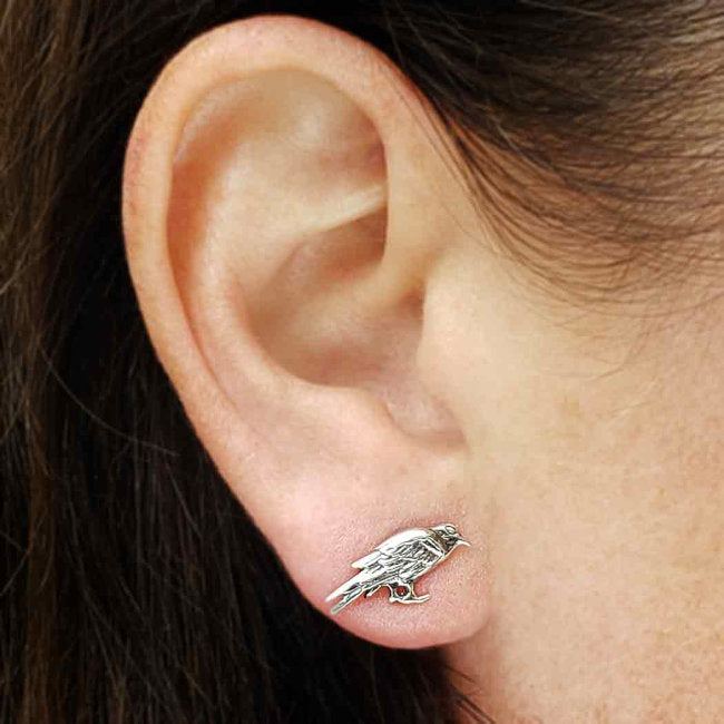 Raven Sterling Silver push-back Earrings modelled